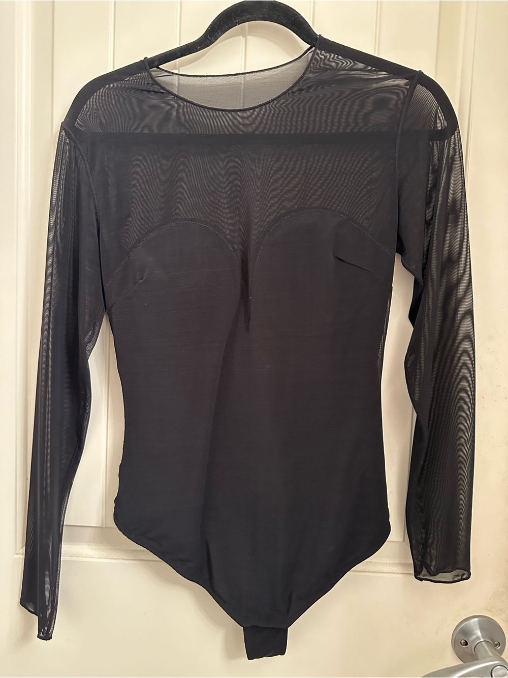 Black Sheer Long-Sleeve Bodysuit with Mesh Yoke